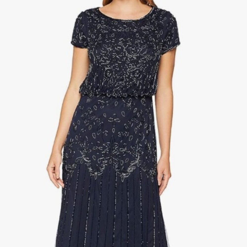 Adrianna Papell Beaded Short Sleeve Blouson Gown - Navy